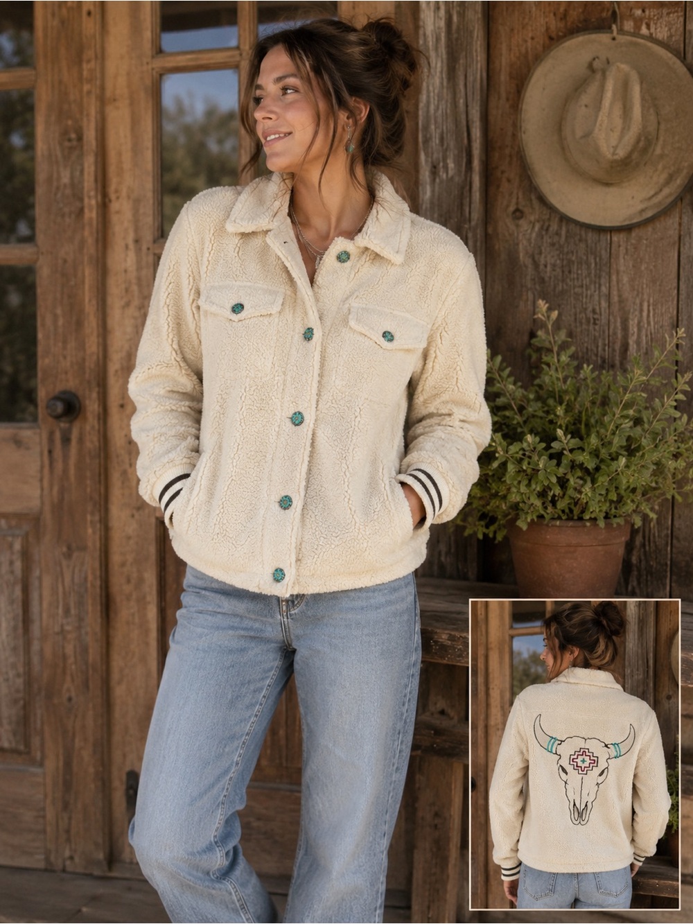 Ariat Western Sherpa Jacket Steer Skull Embroidered Turquoise Buttons M